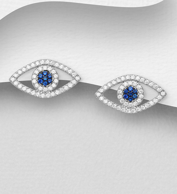 Wholesale 925 Sterling Silver Evil Eye Push-Back Earrings Decorated with CZ Simulated Diamonds - SKU #701-23921