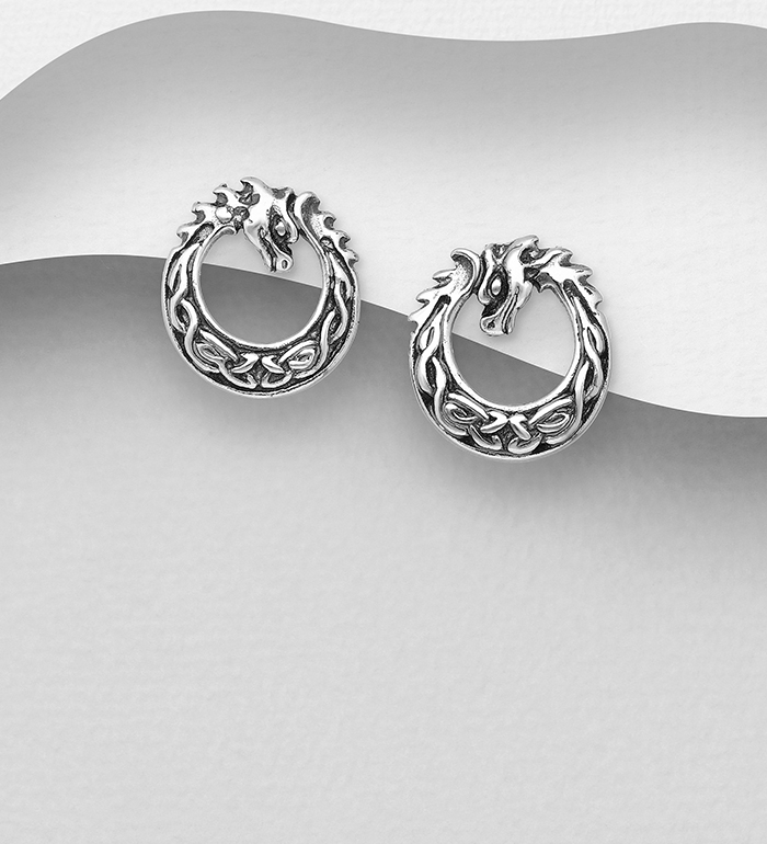 Wholesale 925 Sterling Silver Oxidized Celtic Dragon Push-Back Earrings - SKU #767-1164