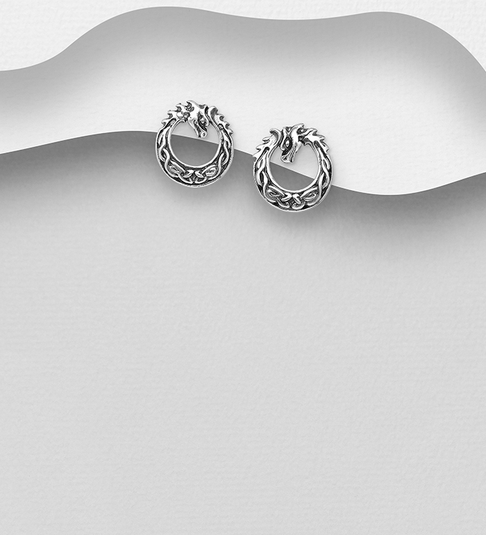 Wholesale 925 Sterling Silver Oxidized Celtic Dragon Push-Back Earrings - SKU #767-1164