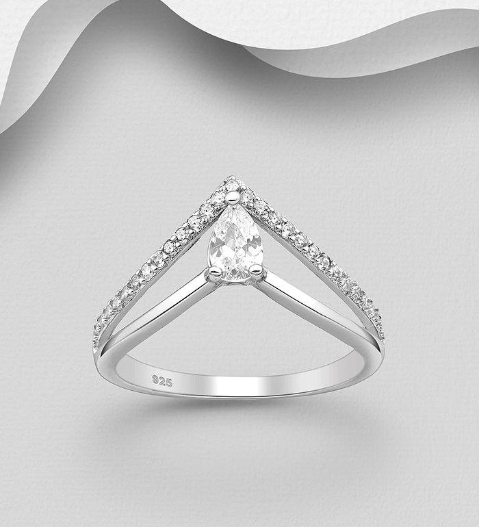 Wholesale 925 Sterling Silver Layered Chevron Ring Decorated with CZ Simulated Diamonds - SKU #701-23939