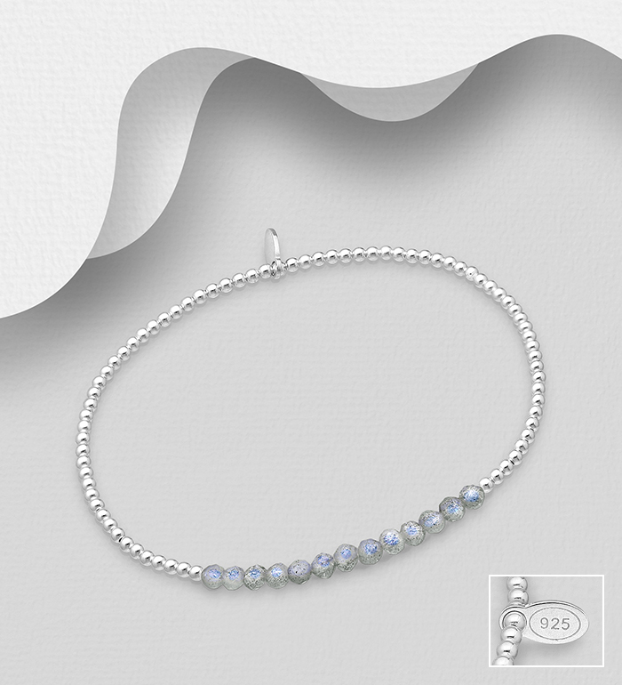 781-6448 - Wholesale 925 Sterling Silver Elastic Bracelet, Beaded with Various Gemstones