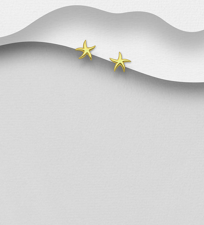 Wholesale 925 Sterling Silver Starfish Push-Back Earrings, Plated with 1 Micron 14K or 18K Yellow Gold - SKU #1535-1004