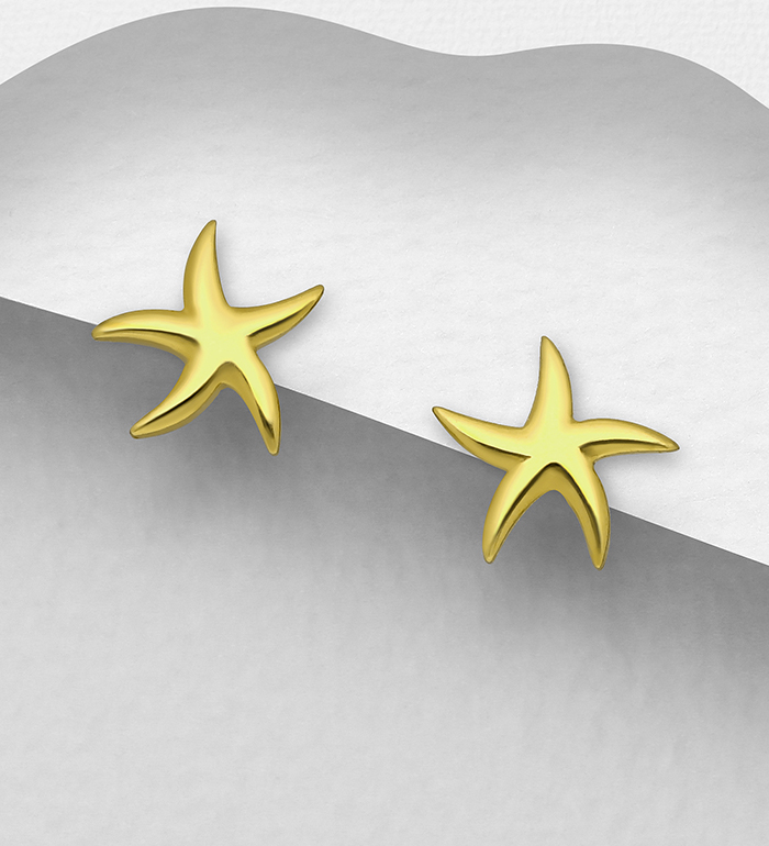 Wholesale 925 Sterling Silver Starfish Push-Back Earrings, Plated with 1 Micron 14K or 18K Yellow Gold - SKU #1535-1004