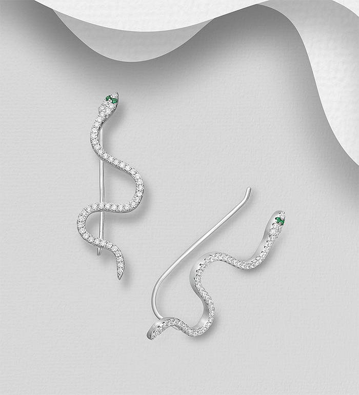 Wholesale 925 Sterling Silver Snake Ear Pins Decorated with CZ Simulated Diamonds - SKU #701-23984