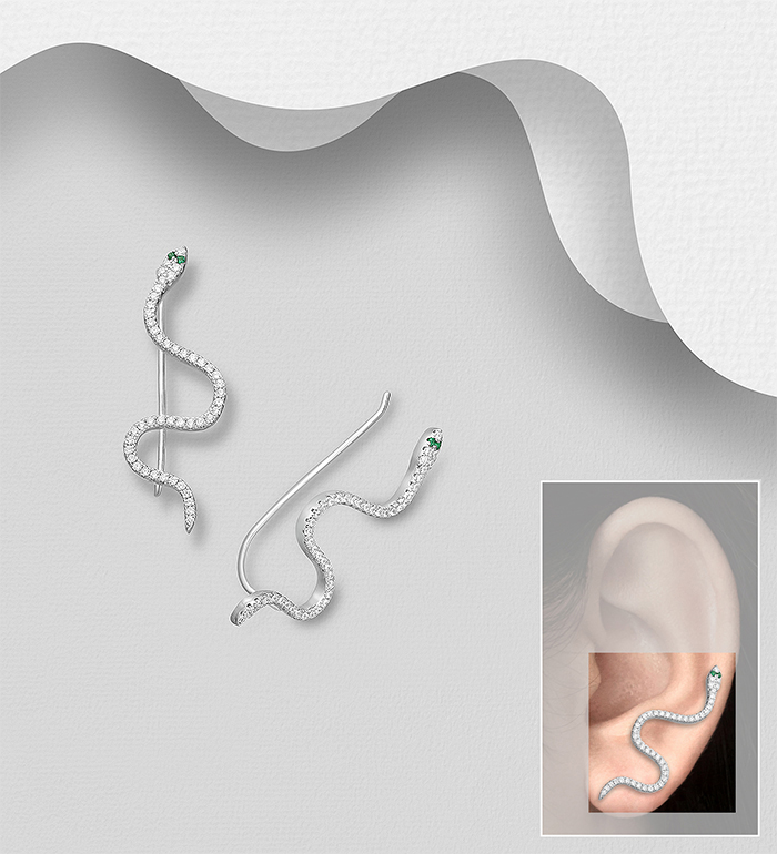 Wholesale 925 Sterling Silver Snake Ear Pins Decorated with CZ Simulated Diamonds - SKU #701-23984
