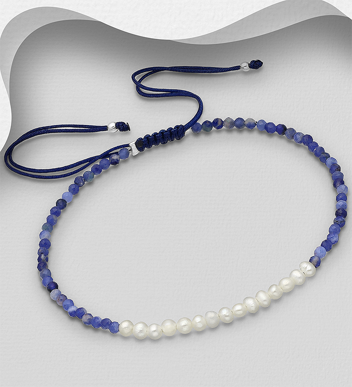 Wholesale 925 Sterling Silver Adjustable Bracelet Beaded with Gemstone Beads and Freshwater Pearls, Shape and Size Will Vary. - SKU #382-5460