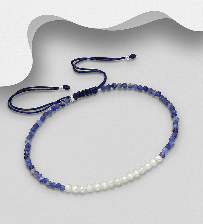 Wholesale 925 Sterling Silver Adjustable Bracelet Beaded with Gemstone Beads and Freshwater Pearls, Shape and Size Will Vary. - SKU #382-5460