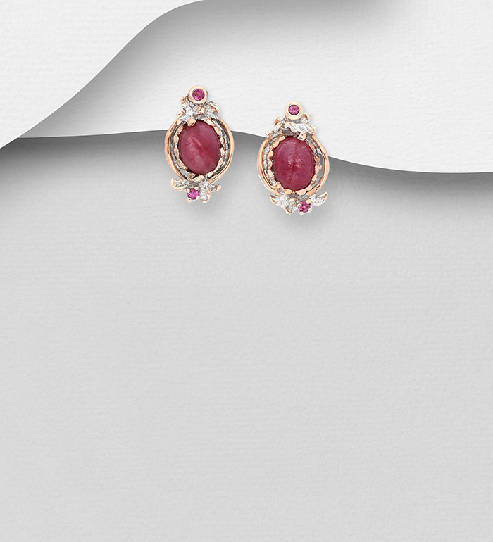 ADIORE JEWELS - Wholesale 925 Sterling SIlver Push-Back Earrings Decorated with Ruby and Rhodolites, Plated with 3 Micron 22K Yellow Rose Gold and White Rhodium - SKU #1916-18
