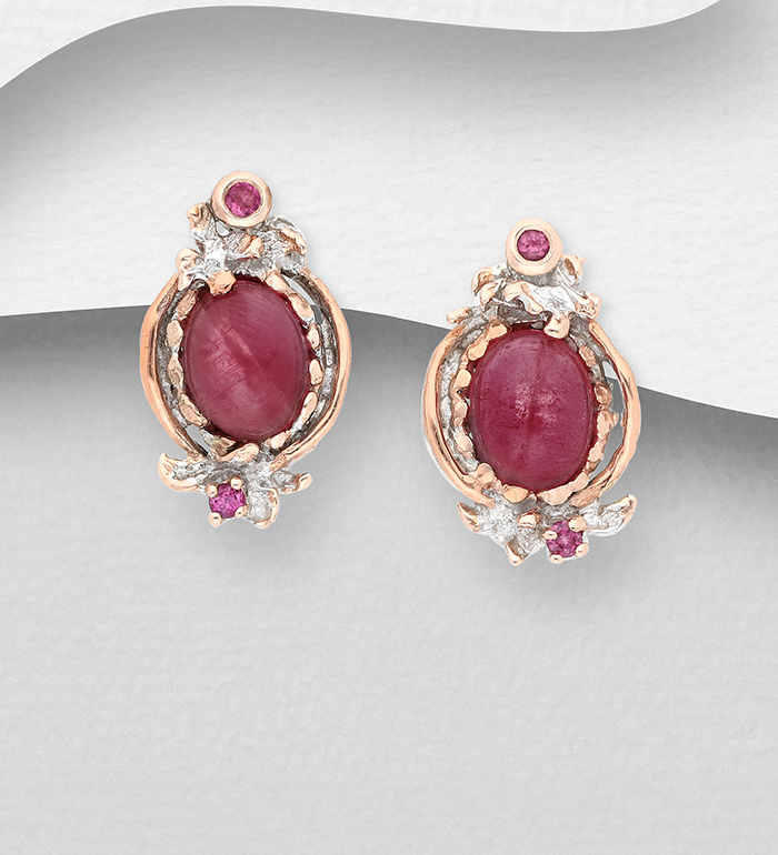 ADIORE JEWELS - Wholesale 925 Sterling SIlver Push-Back Earrings Decorated with Ruby and Rhodolites, Plated with 3 Micron 22K Yellow Rose Gold and White Rhodium - SKU #1916-18