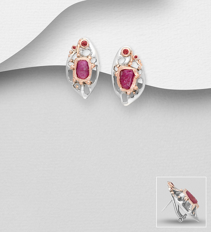 ADIORE JEWELS - Wholesale 925 Sterling Silver British / Omega Lock Earrings Decorated with Red Sapphires and Ruby, Plated with 3 Micron 22K Pink Gold and Grey Ruthenium - SKU #1916-97