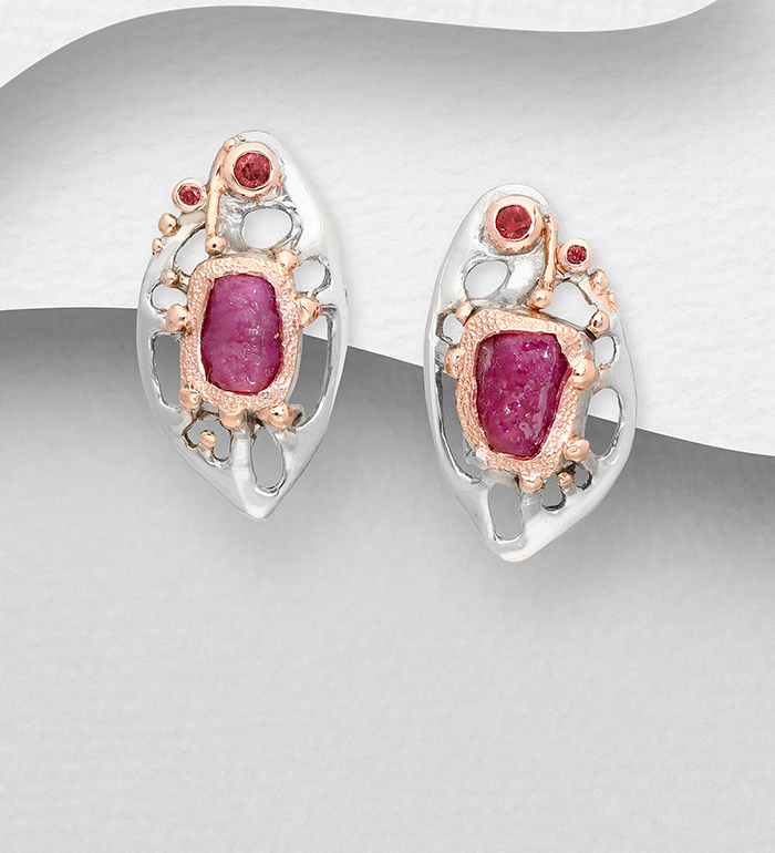 ADIORE JEWELS - Wholesale 925 Sterling Silver British / Omega Lock Earrings Decorated with Red Sapphires and Ruby, Plated with 3 Micron 22K Pink Gold and Grey Ruthenium - SKU #1916-97