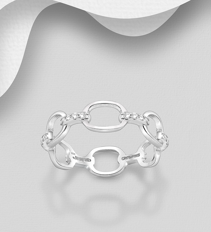Wholesale 925 Sterling Silver Chain Link Ring Decorated with CZ Simulated Diamonds - SKU #701-24096