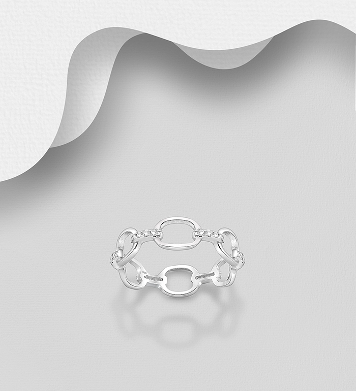 Wholesale 925 Sterling Silver Chain Link Ring Decorated with CZ Simulated Diamonds - SKU #701-24096