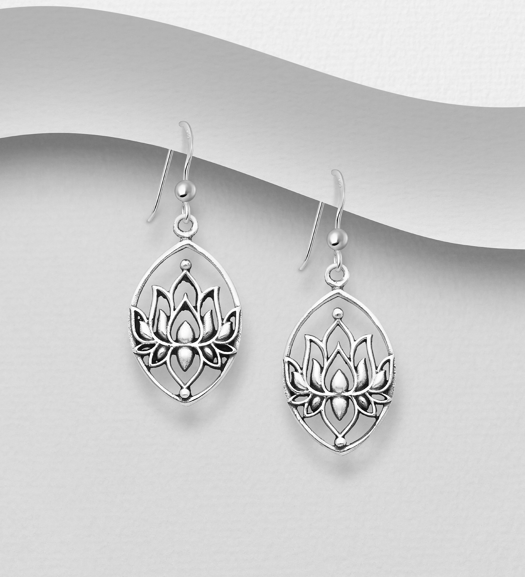 Wholesale 925 Sterling Silver Oxidized Hook Lotus Earrings Decorated with CZ Simulated Diamonds - SKU #706-31226