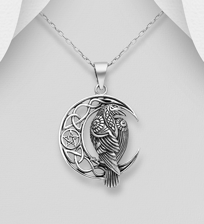 Wholesale 925 Sterling Silver Oxidized Crescent Moon, Raven, Celtic and Star Pendant - SKU #767-1190