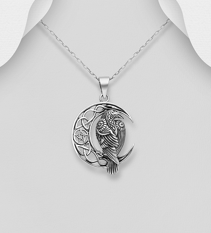 Wholesale 925 Sterling Silver Oxidized Crescent Moon, Raven, Celtic and Star Pendant - SKU #767-1190