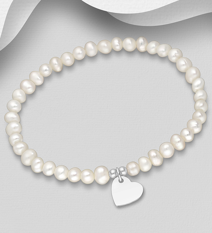 Wholesale 925 Sterling Silver Elastic Heart Bracelet Beaded with Freshwater Pearls, Shape and Size Will Vary. - SKU #382-5498