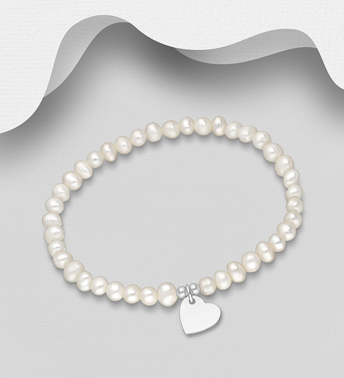 Wholesale 925 Sterling Silver Elastic Heart Bracelet Beaded with Freshwater Pearls, Shape and Size Will Vary. - SKU #382-5498