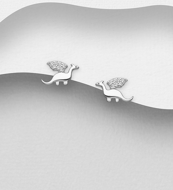 Wholesale 925 Sterling Silver Dragon Push-Back Earrings, Wings Decorated with CZ Simulated Diamonds - SKU #701-24189