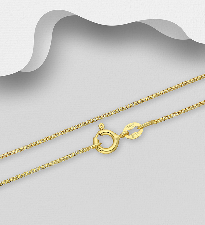 Italian Delight - Wholesale 925 Sterling Silver Box Chain, Plated with 0.5 Micron 18K Yellow Gold, 1 mm Wide, Made in Italy - SKU #1535-1022