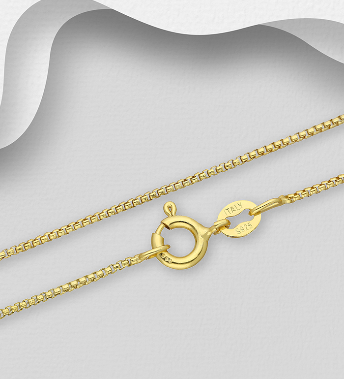 Italian Delight - Wholesale 925 Sterling Silver Box Chain, Plated with 0.5 Micron 18K Yellow Gold, 1 mm Wide, Made in Italy - SKU #1535-1022