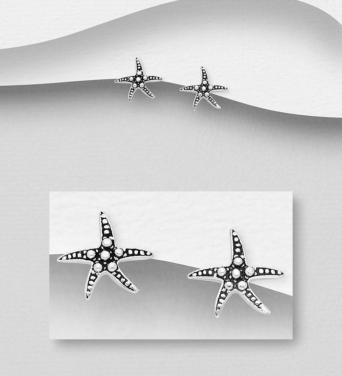 Wholesale 925 Sterling Silver Oxidized Starfish Push-Back Earrings - SKU #706-31432