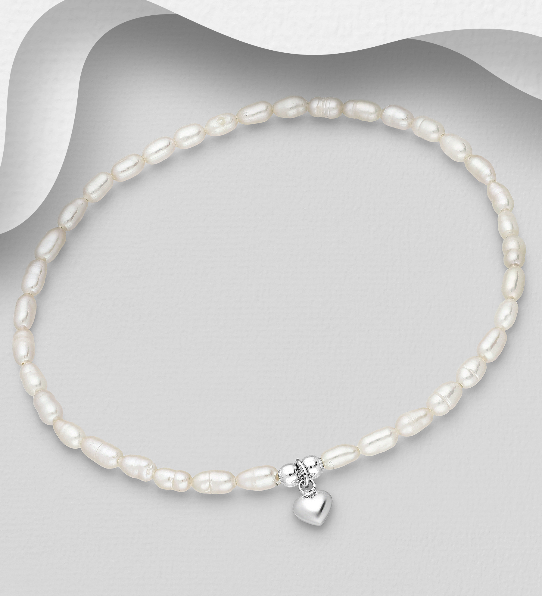 Wholesale 925 Sterling Silver Heart Elastic Bracelet, Beaded with Freshwater Pearls, Shape and Size Will Vary. - SKU #382-5509