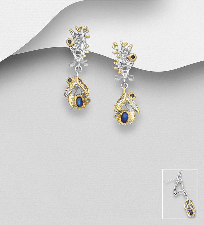 ADIORE JEWELS - Wholesale 925 Sterling Silver Branch Push-Back & British / Omega Lock Earrings, Decorated with Spectrolite and Blue Sapphires and 3 Micron 22K Yellow Gold and White Rhodium - SKU #1916-116