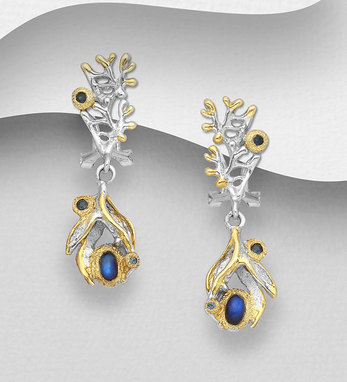 ADIORE JEWELS - Wholesale 925 Sterling Silver Branch Push-Back & British / Omega Lock Earrings, Decorated with Spectrolite and Blue Sapphires and 3 Micron 22K Yellow Gold and White Rhodium - SKU #1916-116