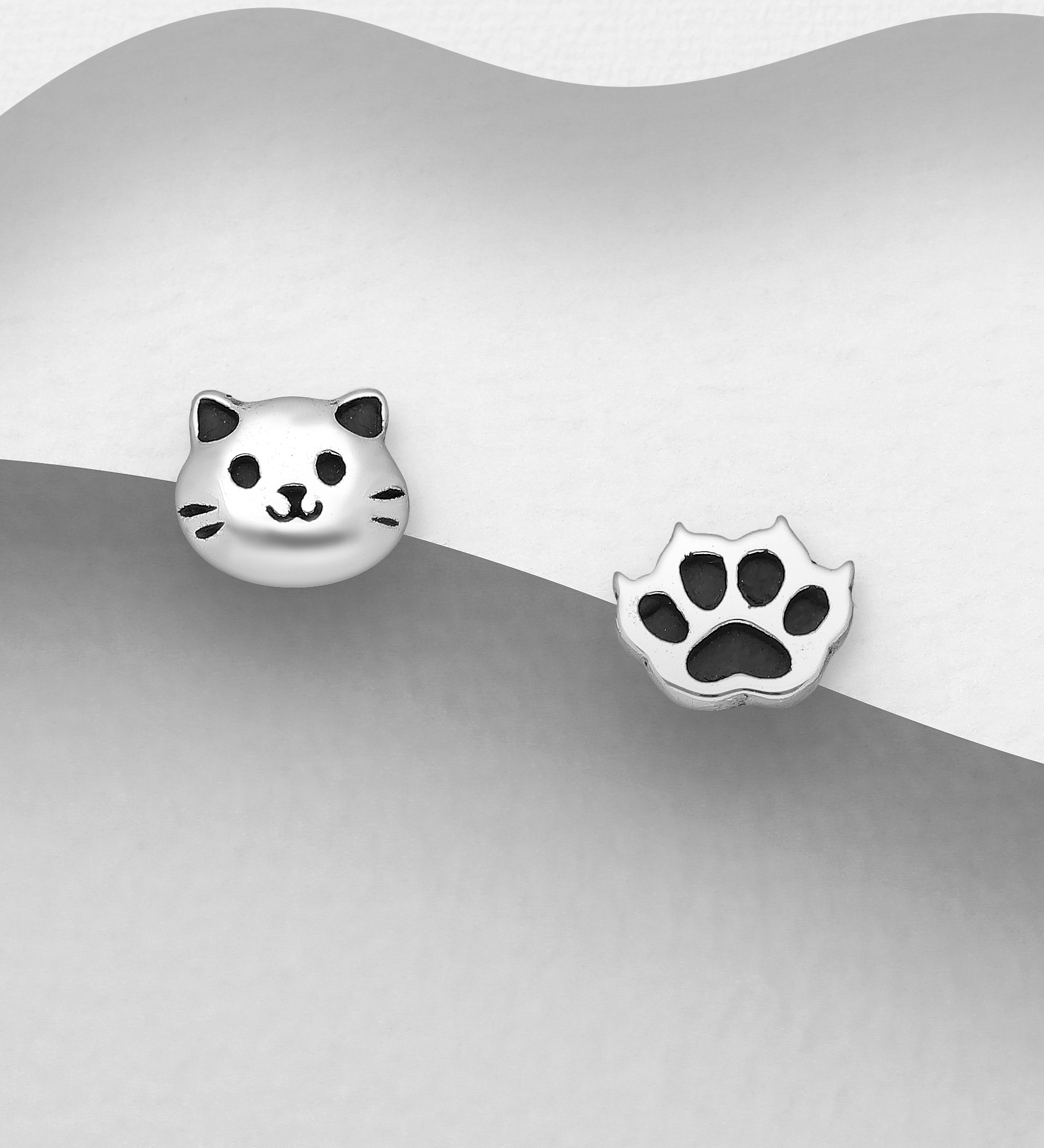 Wholesale 925 Sterling Silver Oxidized Cat and Paw Push-Back Earrings - SKU #1063-2774