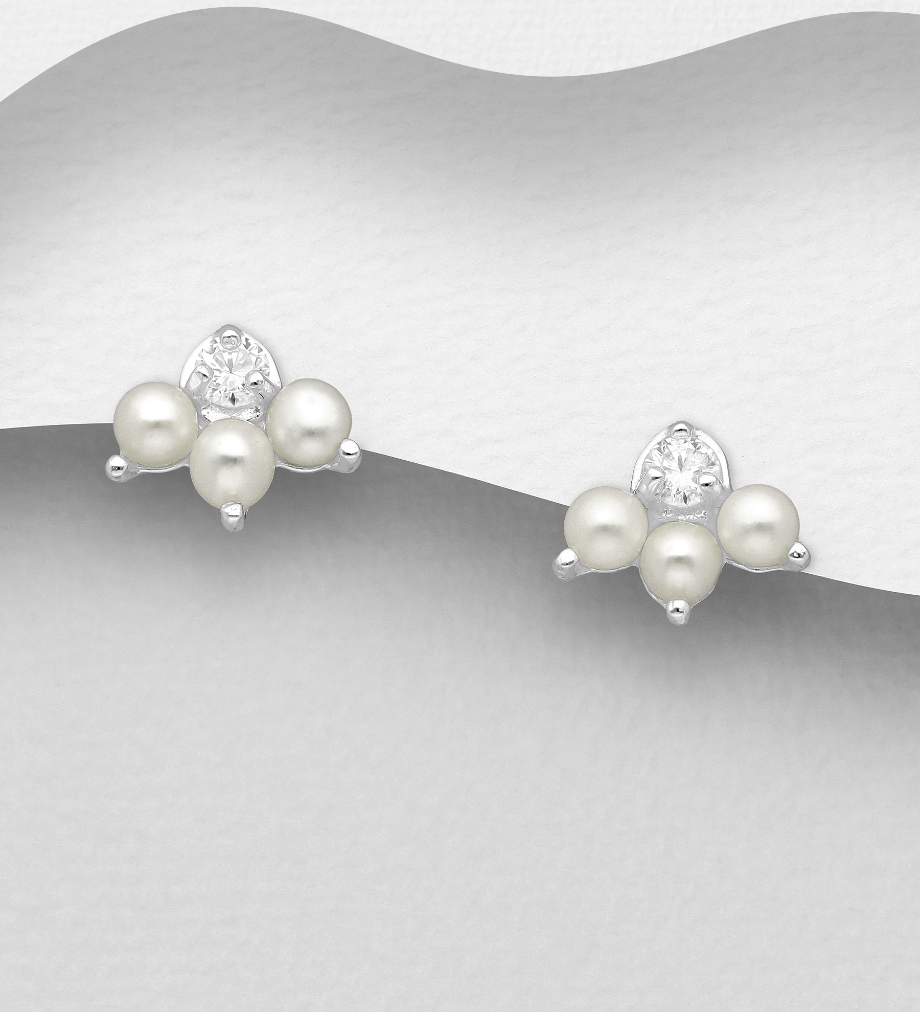 Wholesale 925 Sterling Silver Push-Back Earrings, Decorated with Freshwater Pearls and CZ Simulated Diamonds - SKU #1063-2779