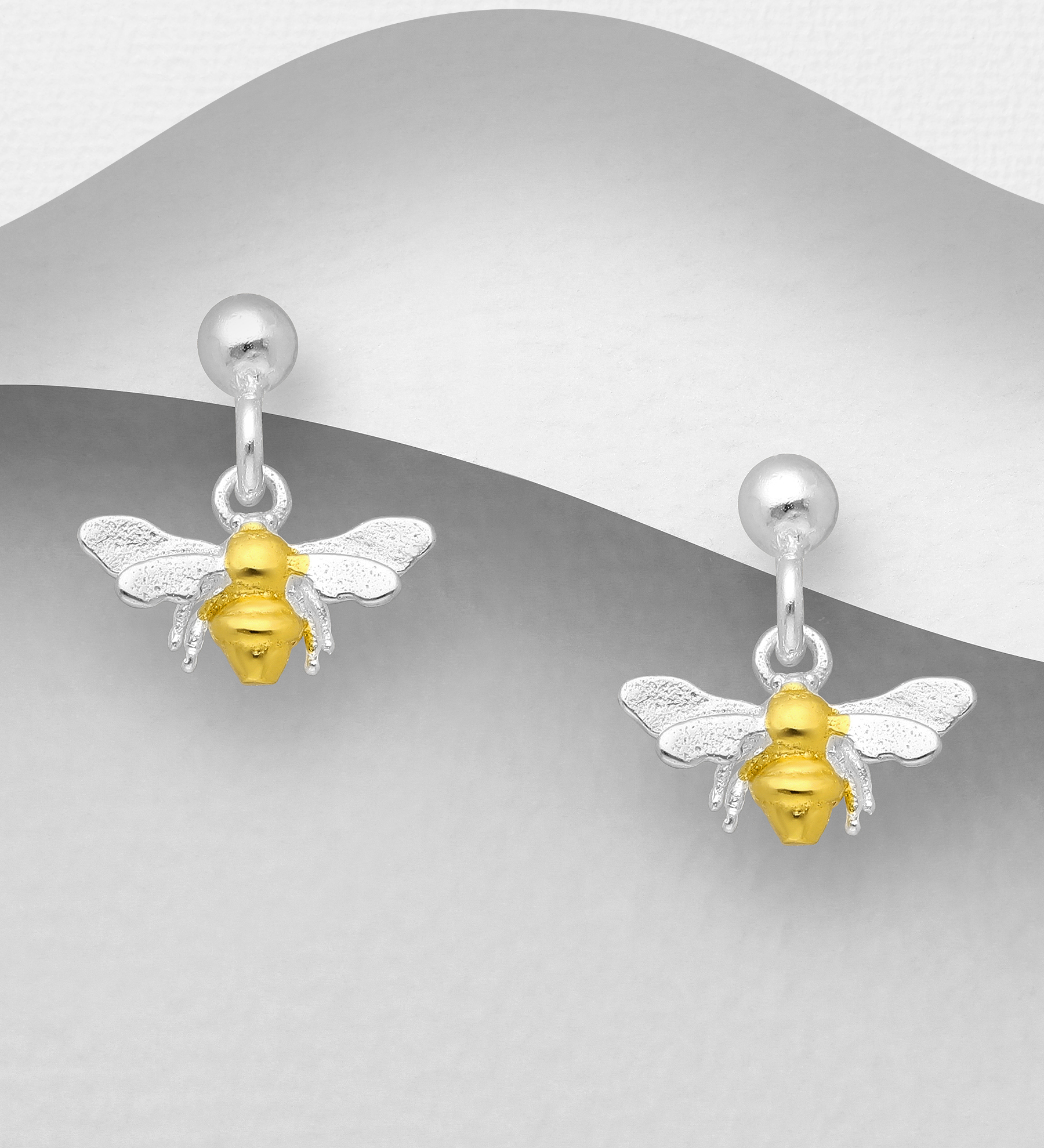 Wholesale 925 Sterling Silver Bee Push-Back Earrings, Plated with 1 Micron 14K or 18K Yellow Gold - SKU #1063-2791