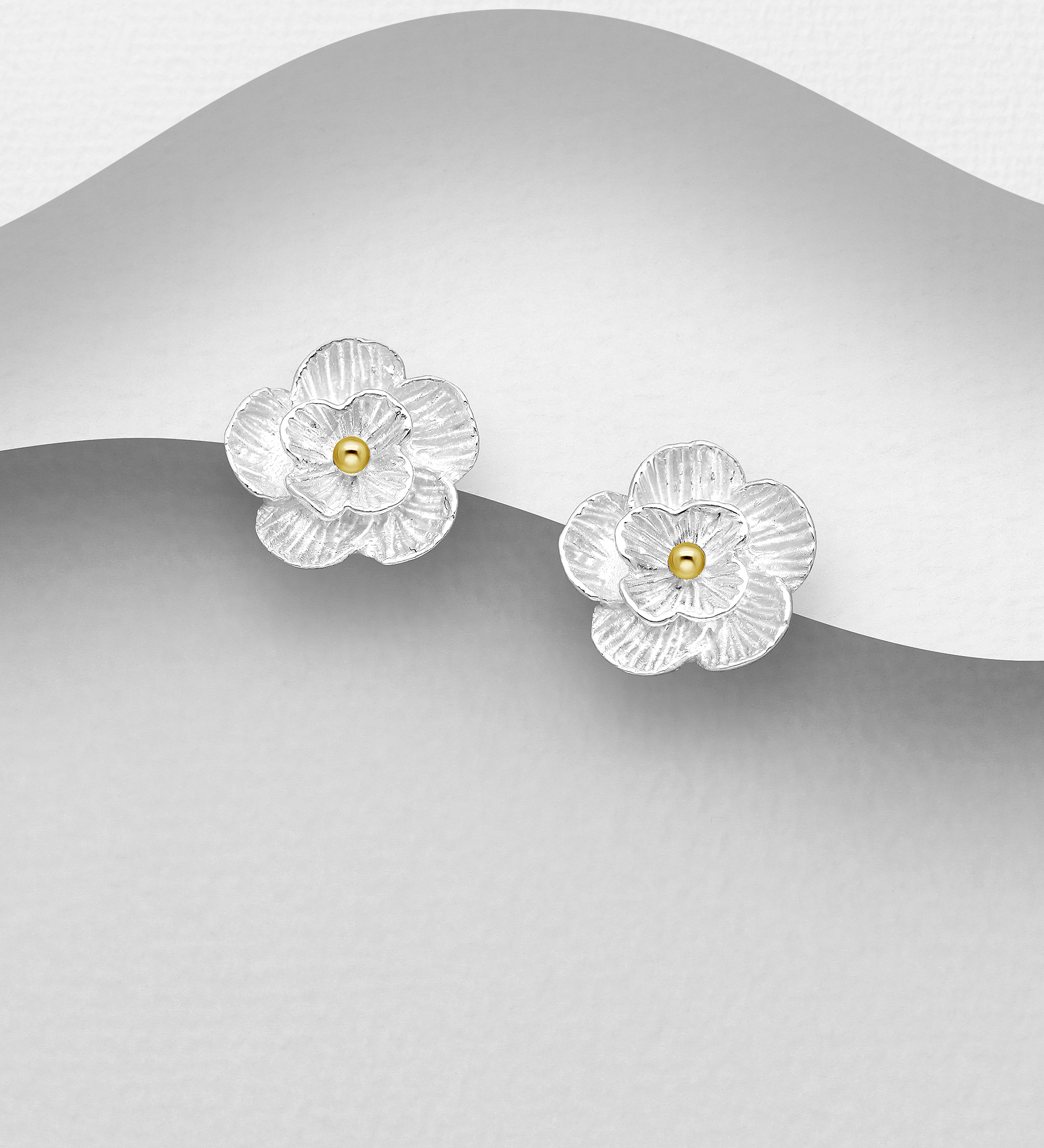Wholesale 925 Sterling Silver Flower Push-Back Earrings, Pollen Plated with 1 Micron 14K or 18K Yellow Gold - SKU #1535-1029