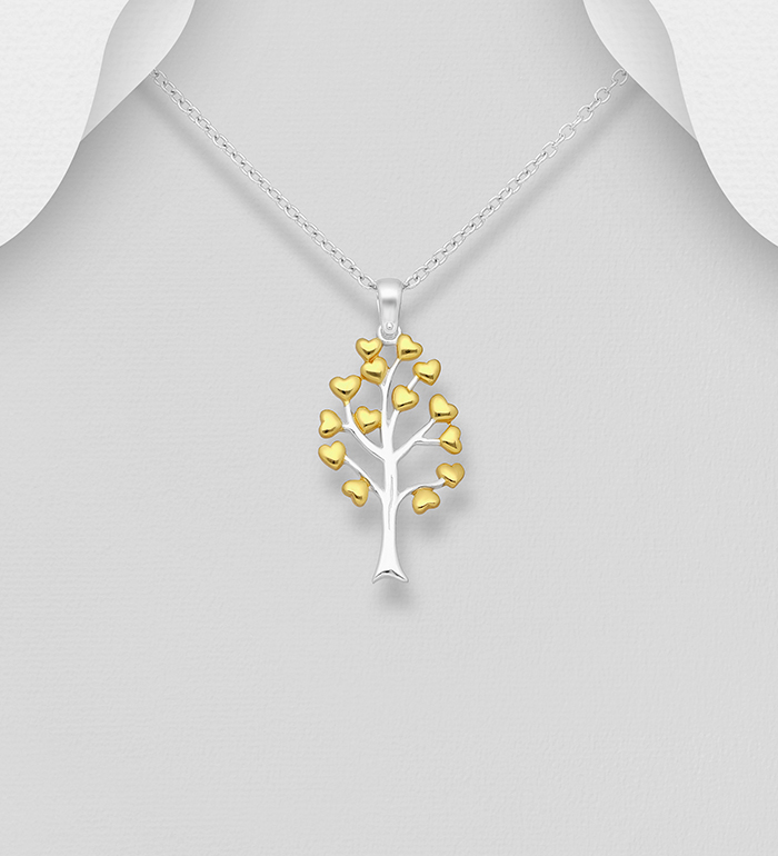 Wholesale 925 Sterling Silver Heart and Tree of Life Pendant, Heart Plated with 1 Micron 14K or 18K Yellow Gold - SKU #1063-2803