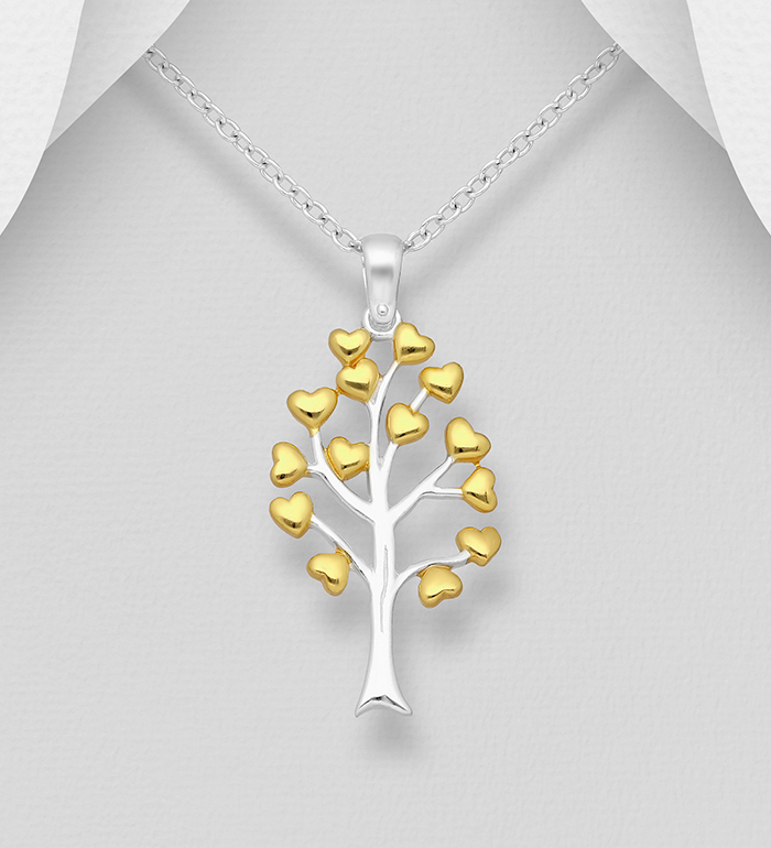 Wholesale 925 Sterling Silver Heart and Tree of Life Pendant, Heart Plated with 1 Micron 14K or 18K Yellow Gold - SKU #1063-2803
