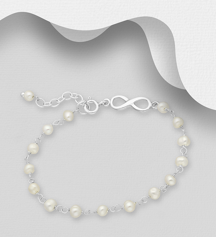 Wholesale 925 Sterling Silver Infinity Bracelet, Beaded with Freshwater Pearls - SKU #382-5518