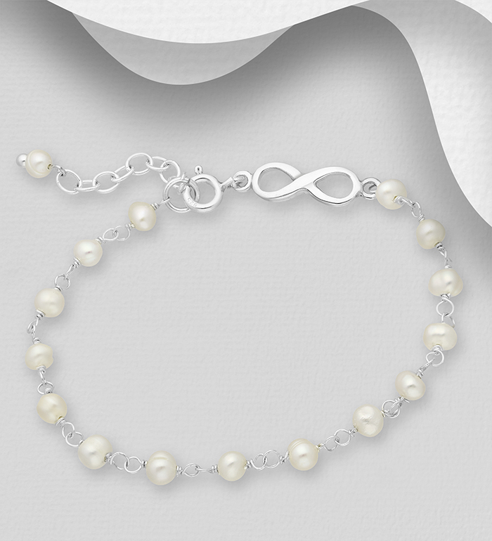 Wholesale 925 Sterling Silver Infinity Bracelet, Beaded with Freshwater Pearls - SKU #382-5518