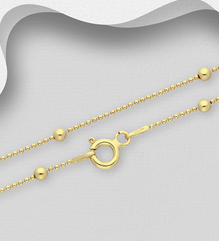 Italian Delight - Wholesale 925 Sterling Silver 1 mm Bead Chain, 2.5 mm Ball Width, Plated with 0.5 Micron 18K Yellow Gold, Made in Italy. - SKU #1535-1038