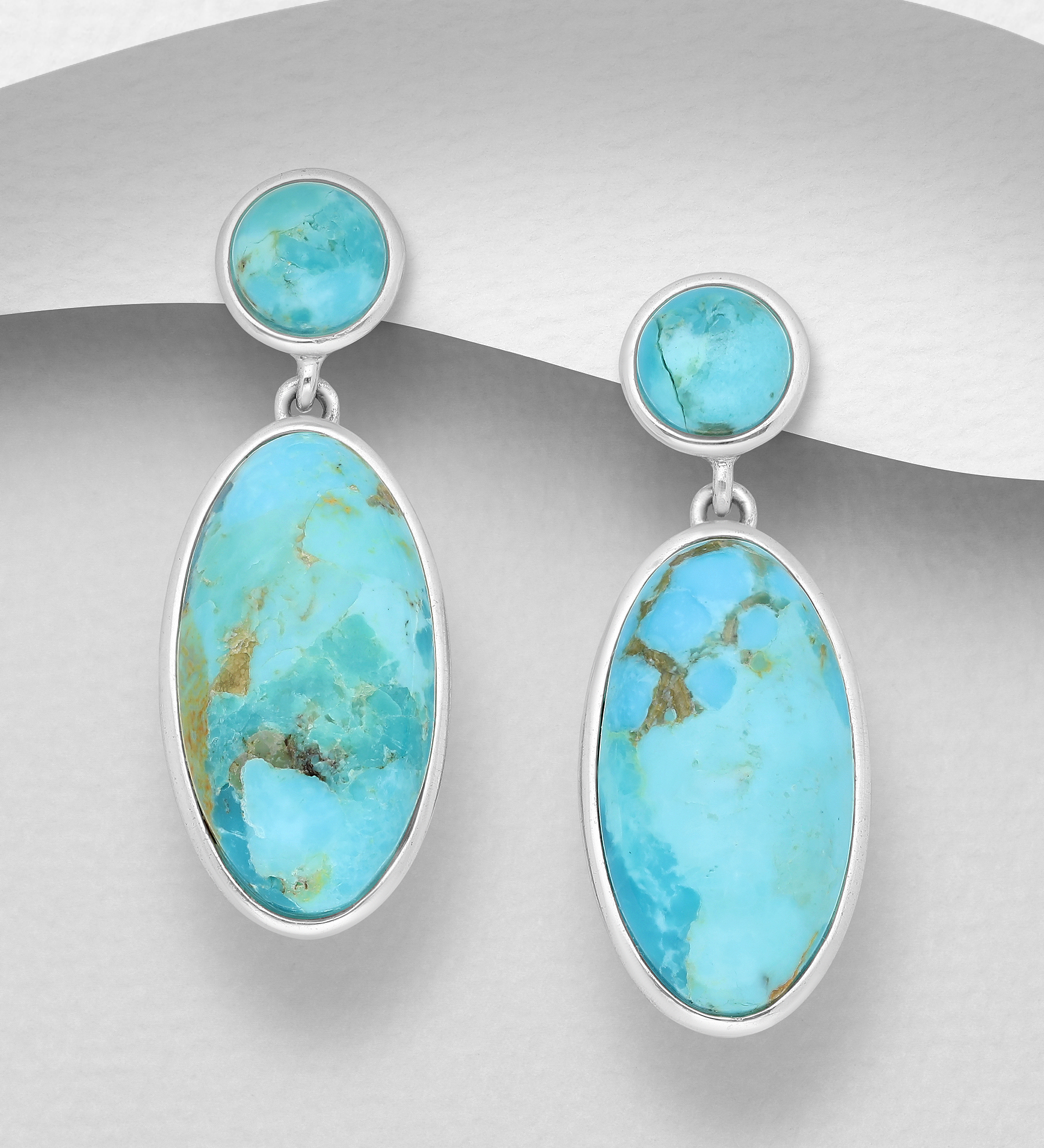 FAH 925 - Wholesale 925 Sterling Silver Oval and Circle Push-Back Earrings, Decorated with Reconstructed Stone - SKU #1854-334