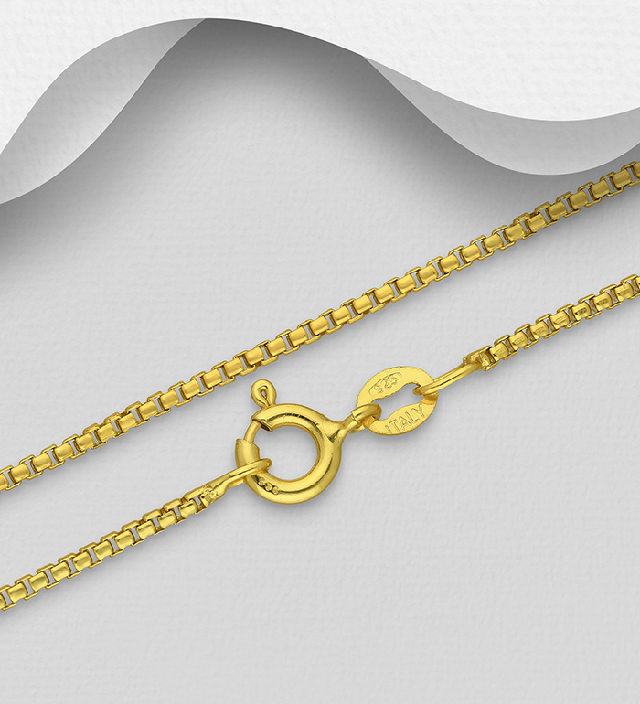 Italian Delight - Wholesale 925 Sterling Silver Box Chain, Plated with 0.5 Micron 18K Yellow Gold, 1.4 mm Wide, Made in Italy. - SKU #1535-1061