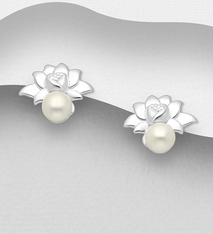 Wholesale 925 Sterling Silver Lotus Push-Back Earrings, Decorated with Freshwater Pearls - SKU #1063-2856