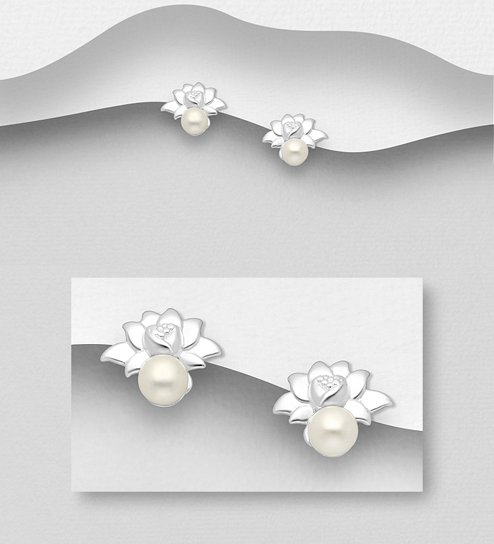 Wholesale 925 Sterling Silver Lotus Push-Back Earrings, Decorated with Freshwater Pearls - SKU #1063-2856