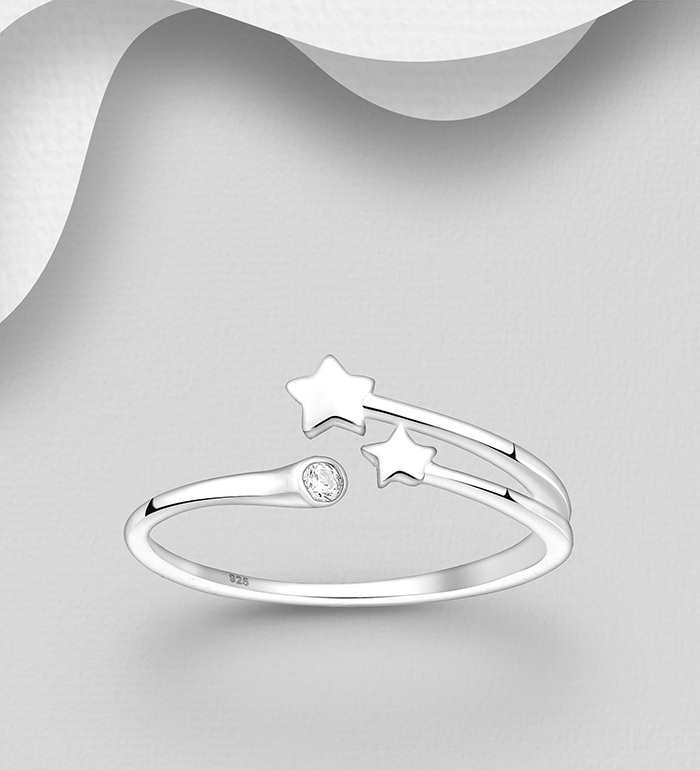 Wholesale 925 Sterling Silver Adjustable Star Ring, Decorated with CZ Simulated Diamond - SKU #1063-2864