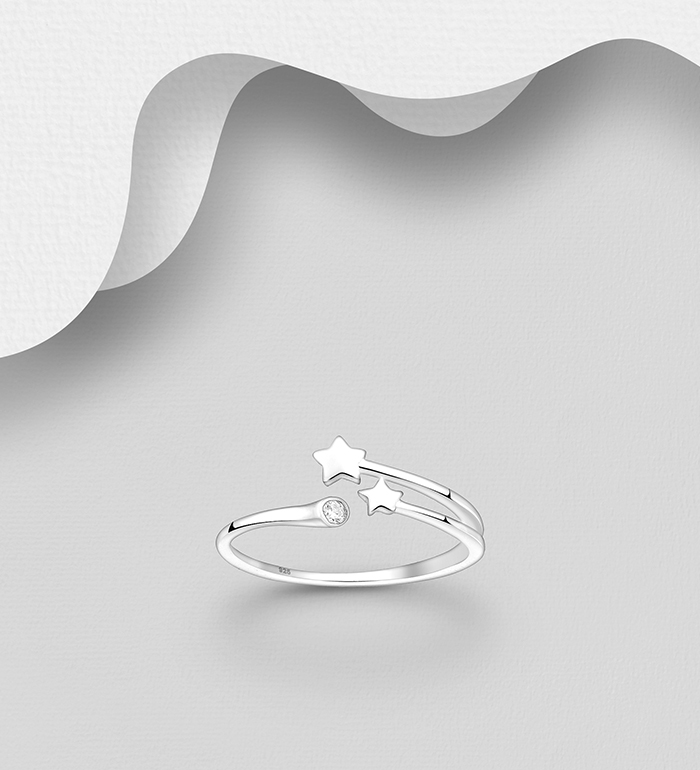 Wholesale 925 Sterling Silver Adjustable Star Ring, Decorated with CZ Simulated Diamond - SKU #1063-2864