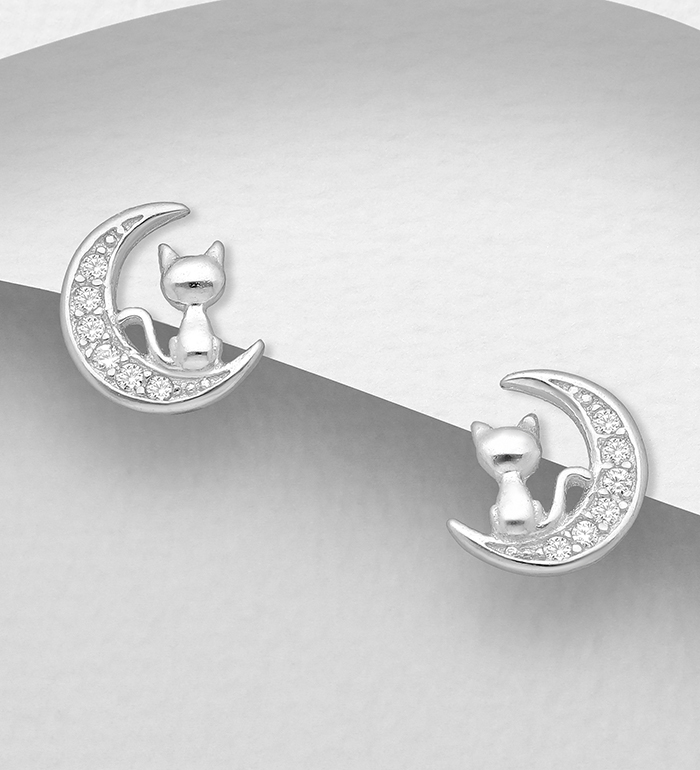 Wholesale 925 Sterling Silver Cat and Moon Push-Back Earrings, Decorated with CZ Simulated Diamonds - SKU #701-24340
