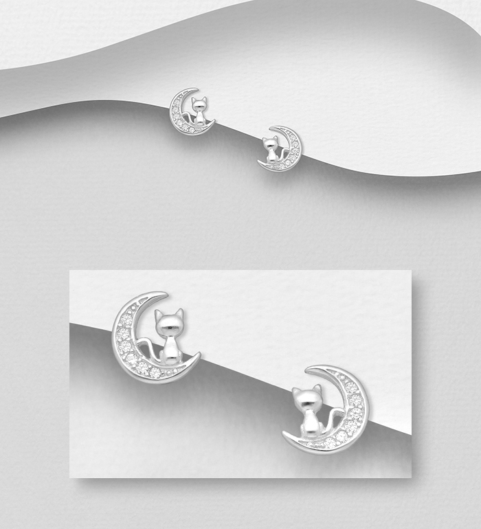 701-24340 - Wholesale 925 Sterling Silver Cat and Moon Push-Back Earrings, Decorated with CZ Simulated Diamonds