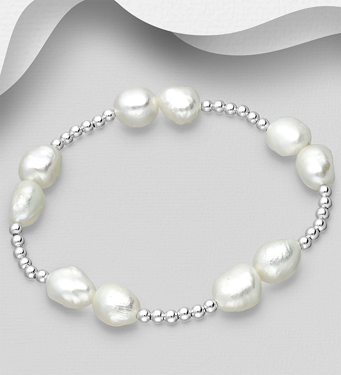 Wholesale 925 Sterling Silver Elastic Ball Bracelet, Beaded with Freshwater Pearls - SKU #382-5544