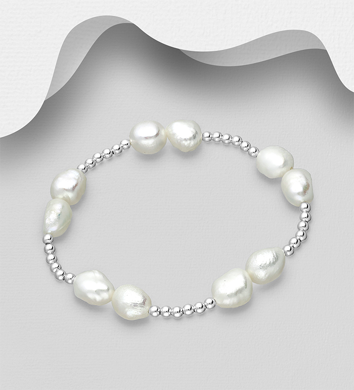 Wholesale 925 Sterling Silver Elastic Ball Bracelet, Beaded with Freshwater Pearls - SKU #382-5544