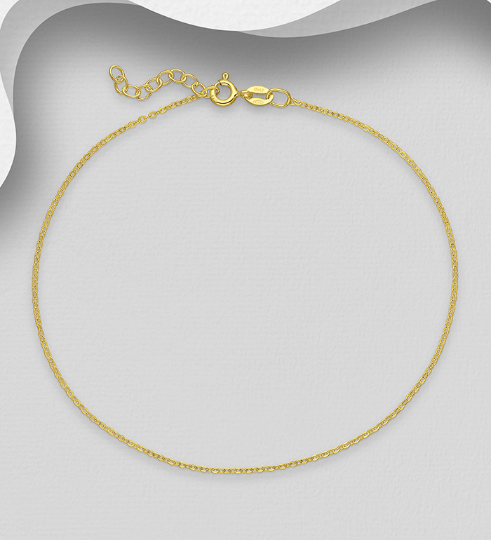 Italian Delight - Wholesale 925 Sterling Silver Anklet, Plated with 0.25 Micron 18K Yellow Gold, 1.3 mm Wide, Made in Italy. - SKU #1535-1104