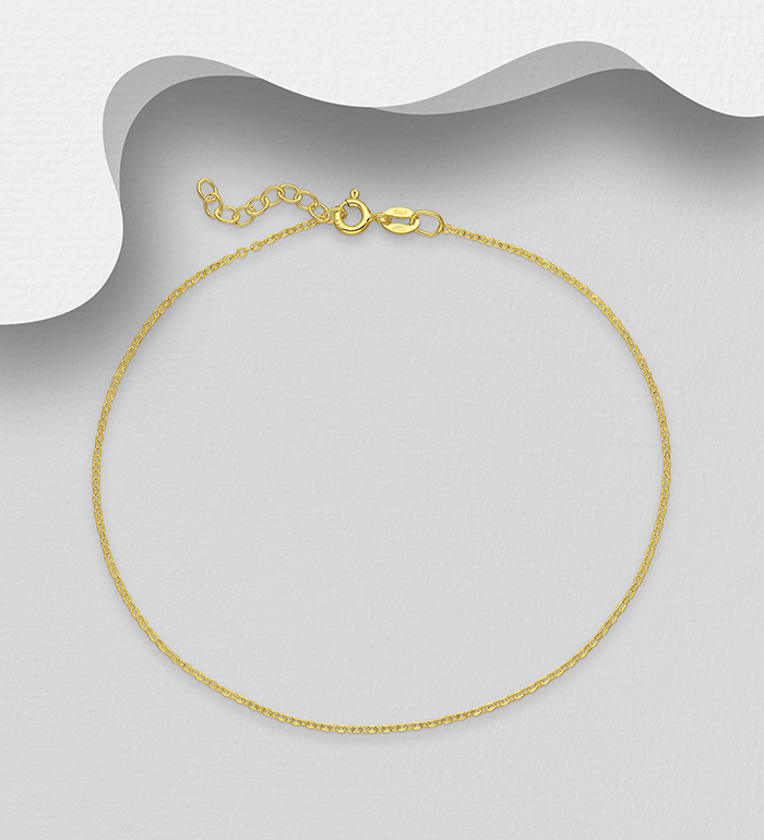 Italian Delight - Wholesale 925 Sterling Silver Anklet, Plated with 0.25 Micron 18K Yellow Gold, 1.3 mm Wide, Made in Italy. - SKU #1535-1104